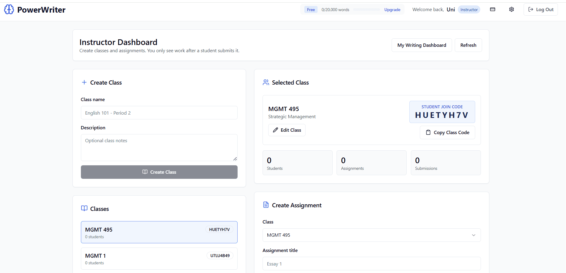 PowerWriter instructor dashboard for classes and assignments