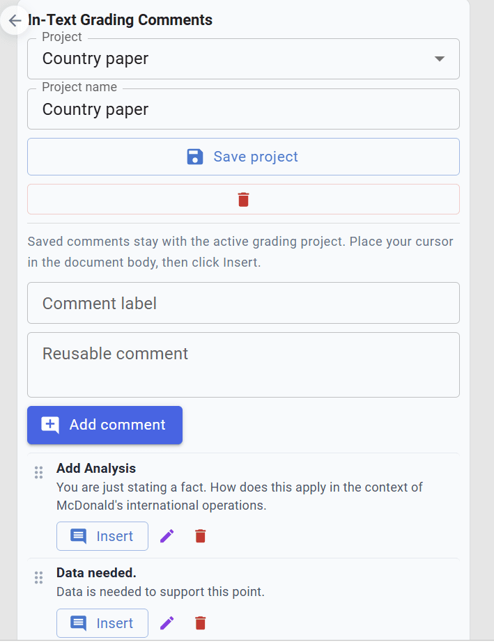 Saved in-text grading comments in the Rubrix task pane