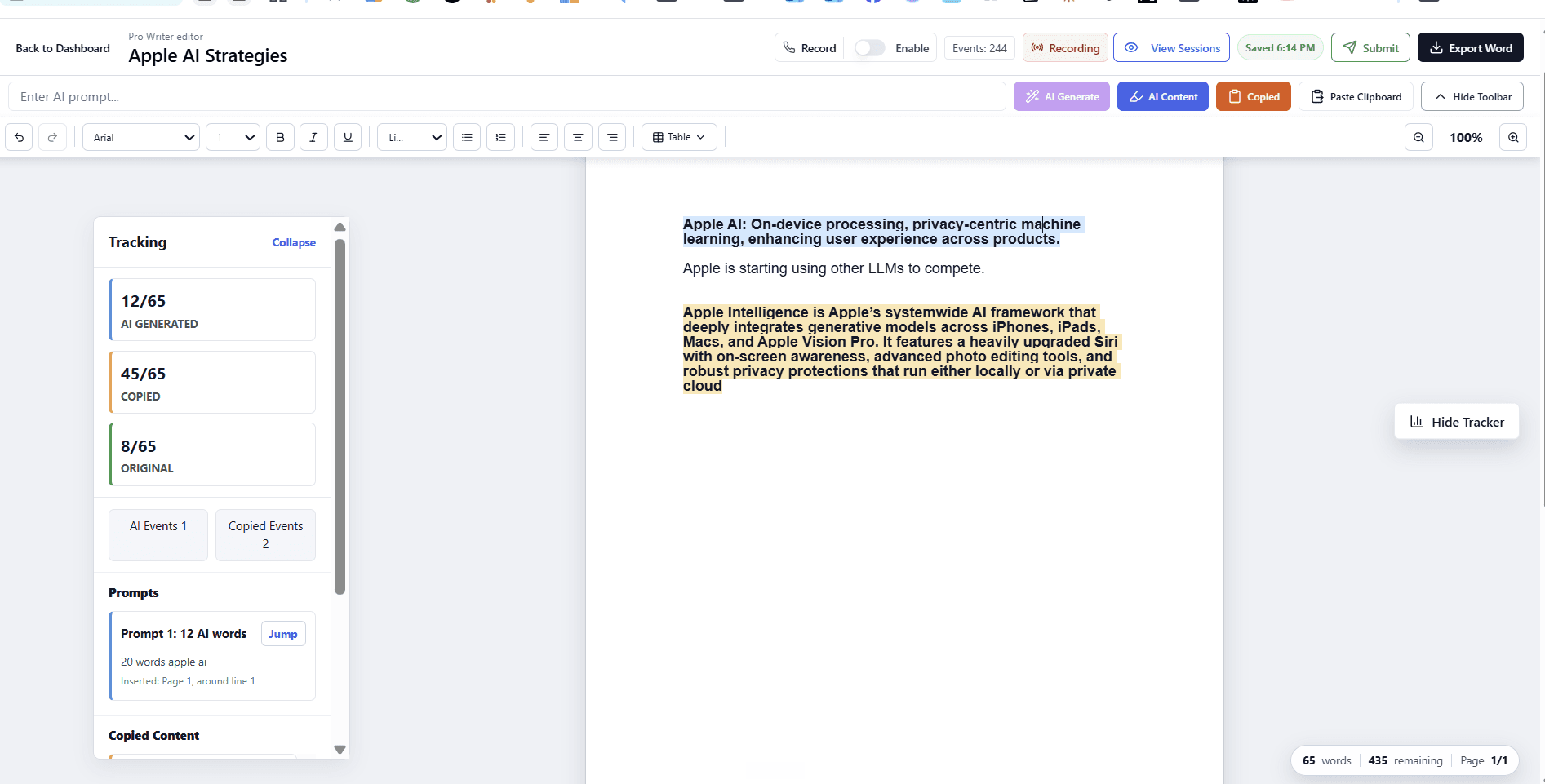 PowerWriter writing canvas showing AI-generated, copied, and original writing evidence