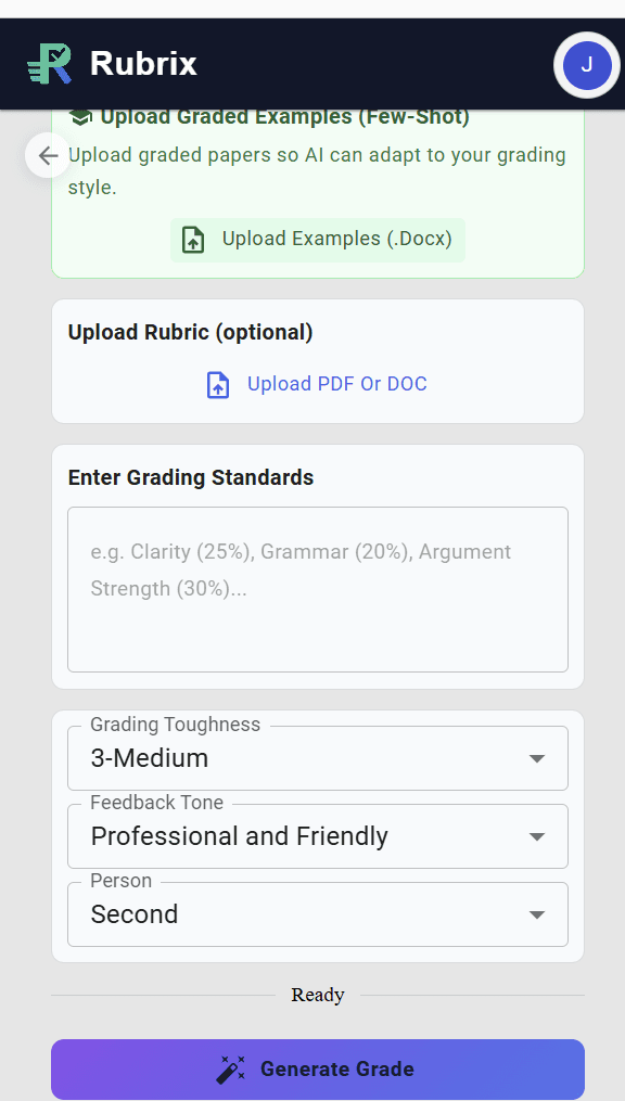 Rubrix controls for grading level, toughness, tone, and point of view