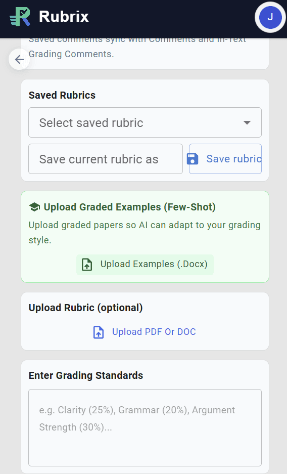 Rubrix Co-grader saved rubric and rubric upload controls